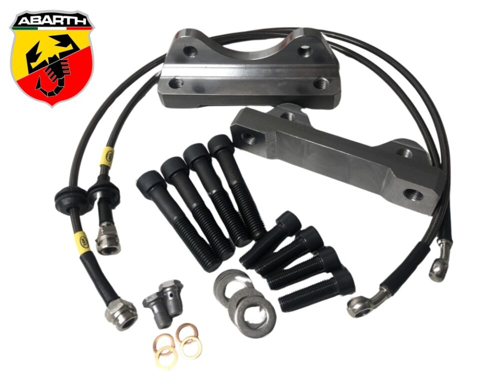 Pack adaptateurs YBT Abarth 500 500E Punto Evo Alfa 159 + durites renforcés aviations sur mesure étriers Brembo 4 pistons