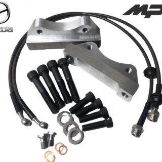Pack adaptateurs YBT Mazda 3 MPS +durites renforcés aviations sur mesure étriers Brembo 4 pistons